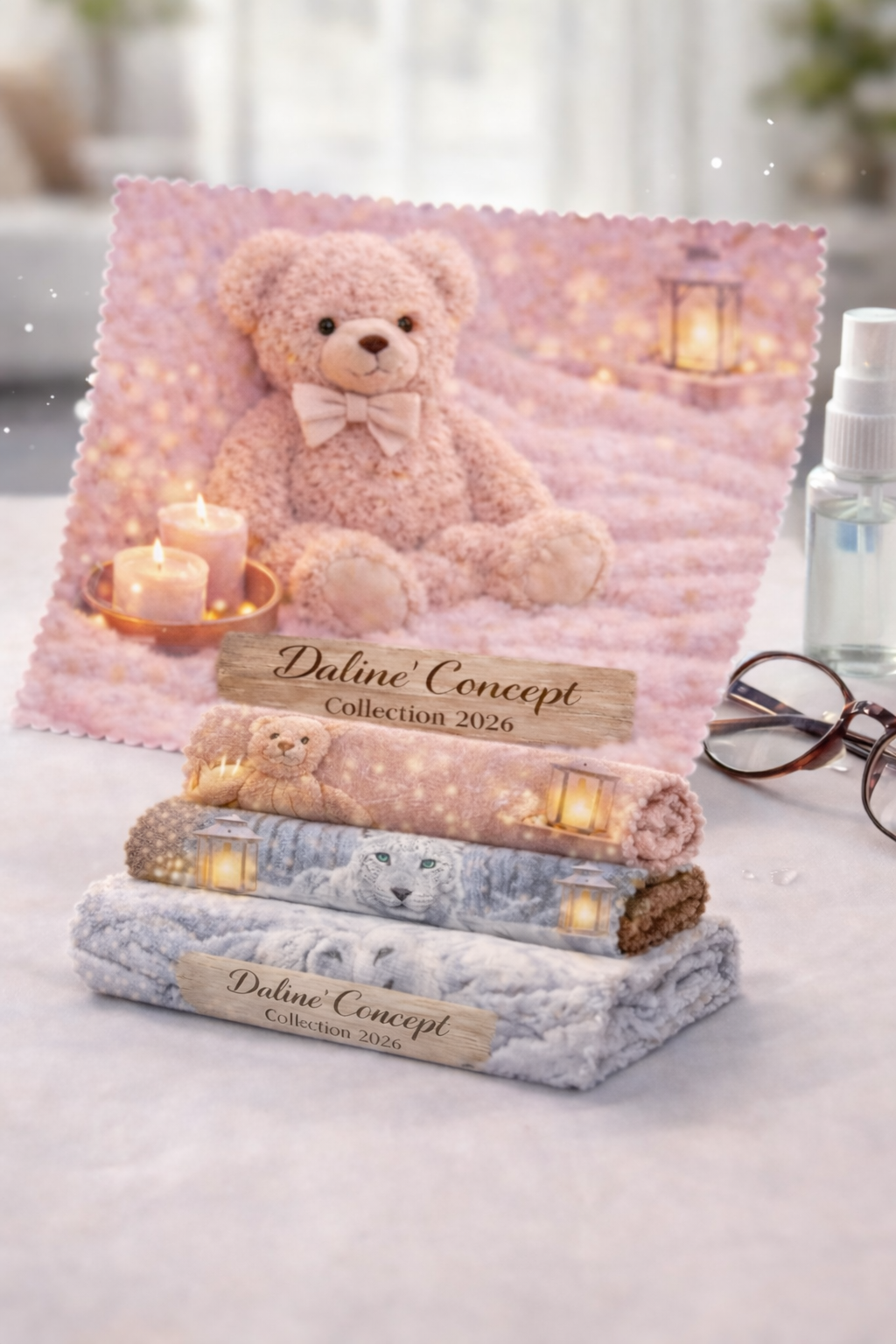 Chiffon lunettes microfibre « Ourson Rose Poudré » – Collection Tendresse Daline’Concept