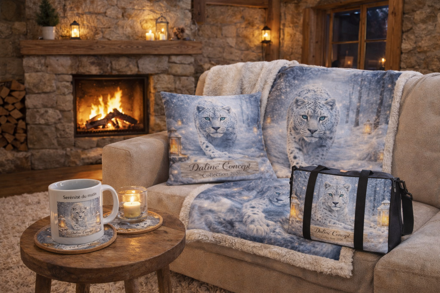 Taie de coussin « Marche du Léopard des Neiges » – Housse décorative féerique Daline’Concept