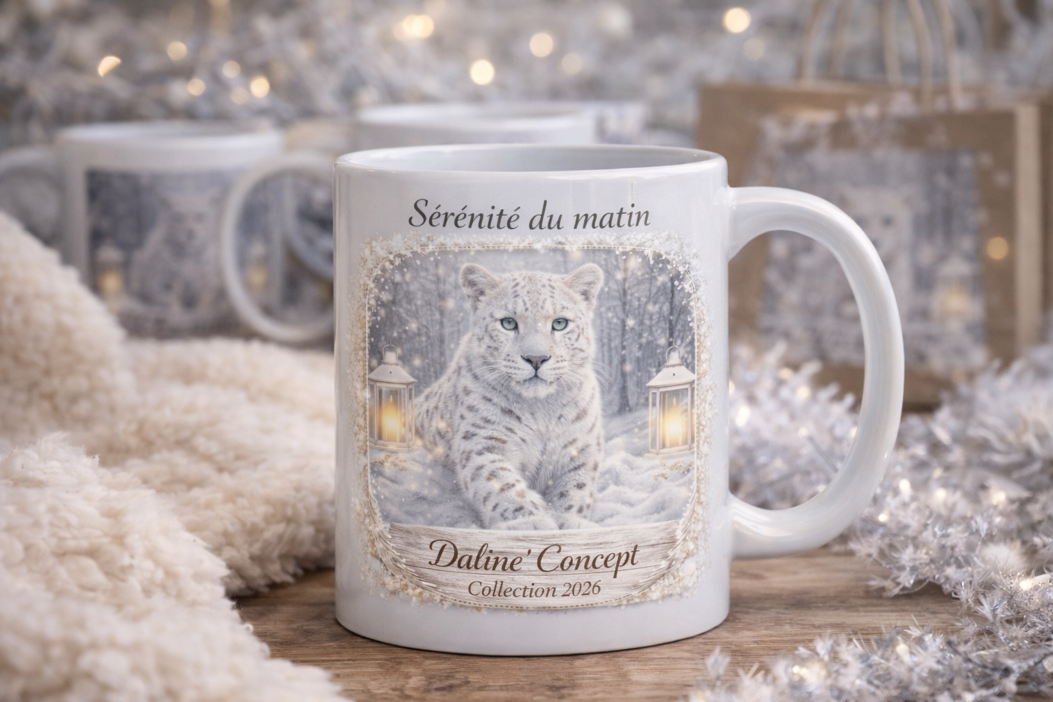 Mug léopard des neiges “Sérénité du matin” – Tasse féerique Daline’Concept hiver cocooning