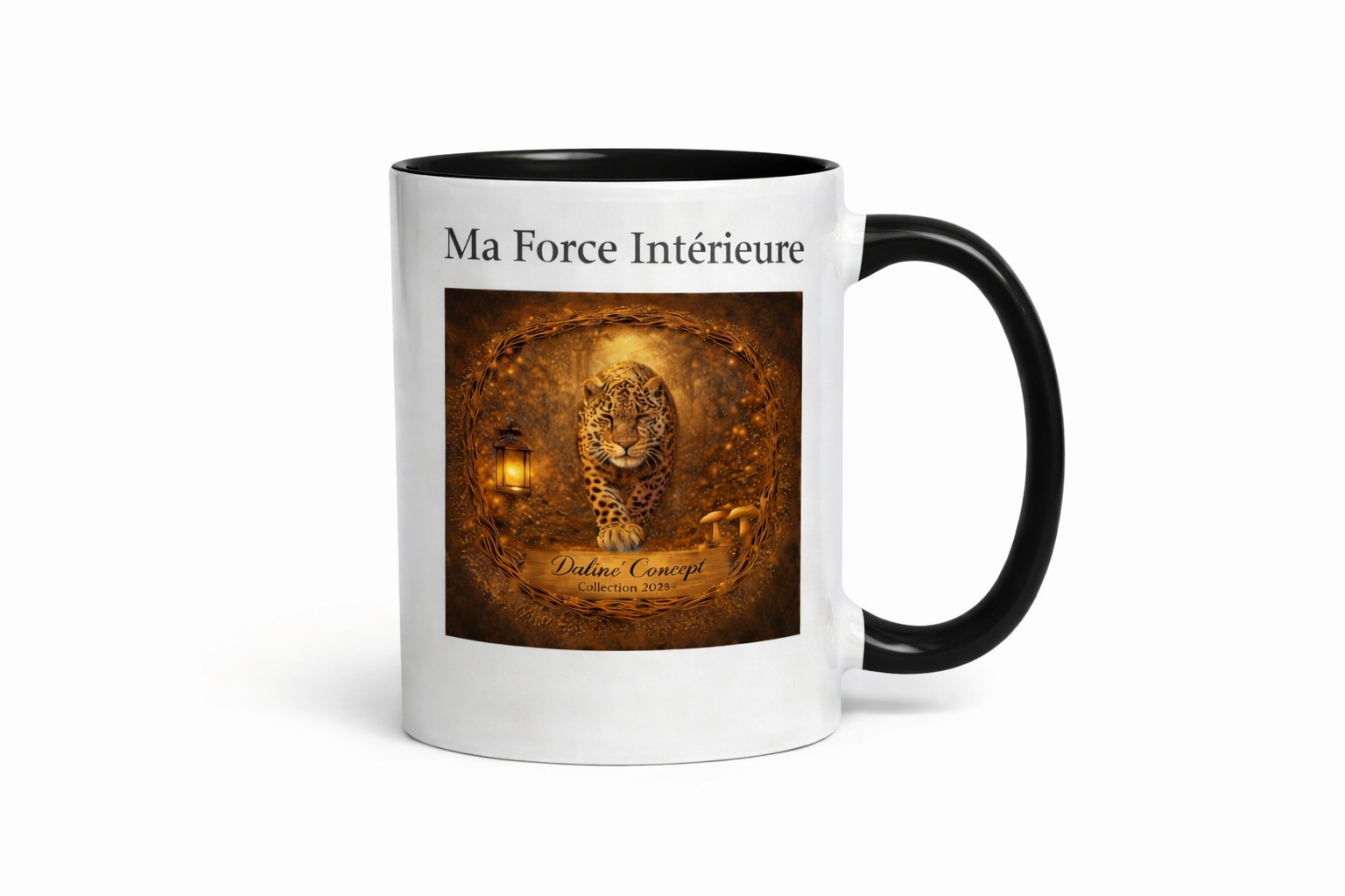 Mug Léopard “Ma Force Intérieure” Daline’Concept – Tasse anse noire esprit sauvage chic