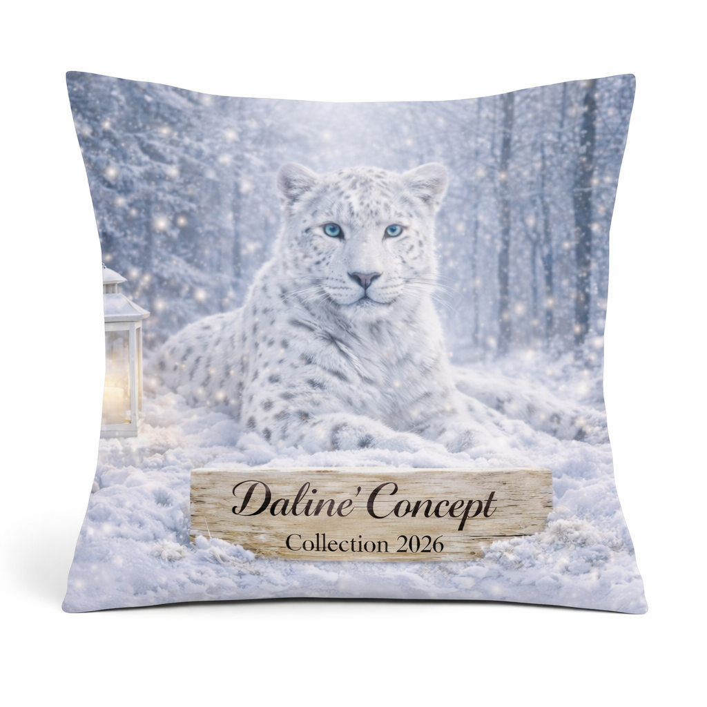 Taie de coussin « Léopard Blanc Sérénité » – Déco douce & hivernale Daline’Concept