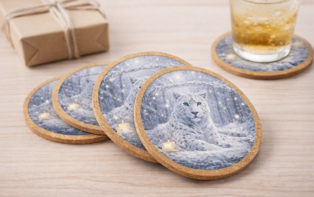 Dessous de verre en liège “Panthère des Neiges – Hiver Féérique” | Collection 2026 Daline’Concept