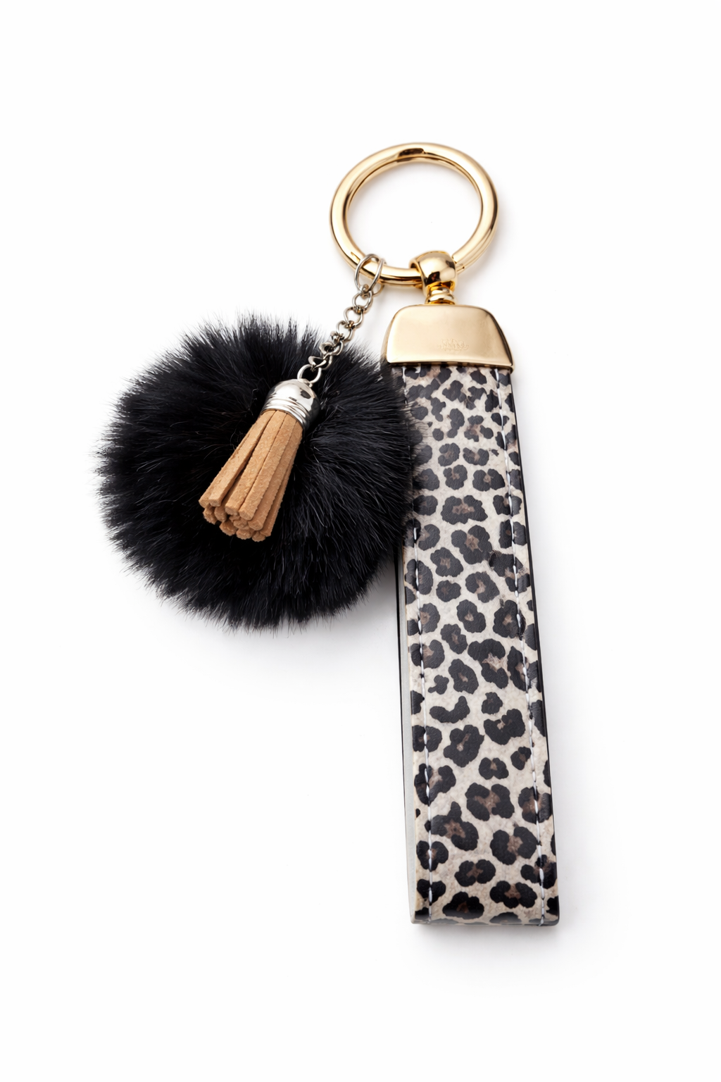 Porte-clés lanière léopard noir & doré – Pompon noir – Élégance intemporelle